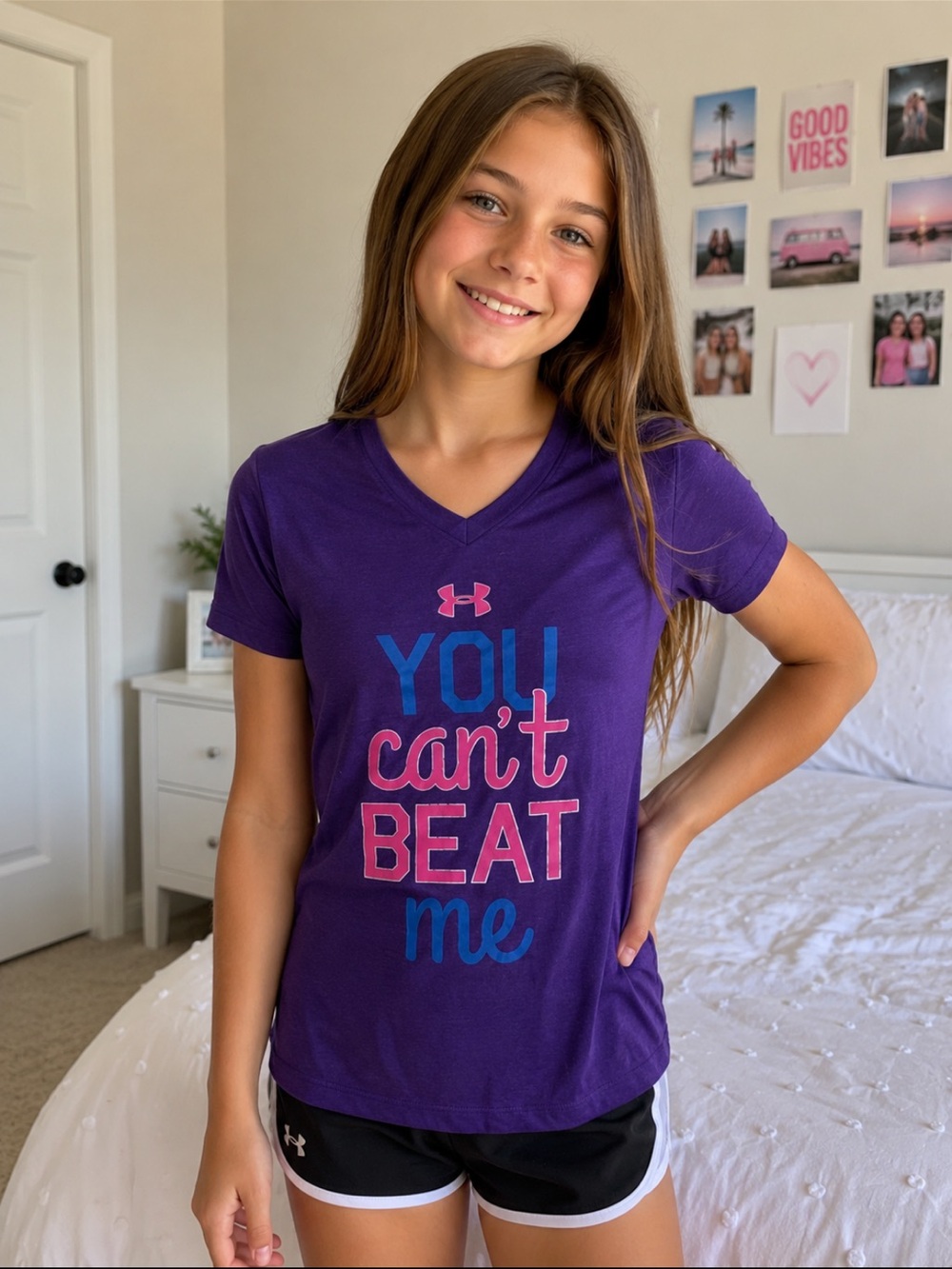 Under Armour Purple Graphic V-Neck Tee with Pink & Blue Print